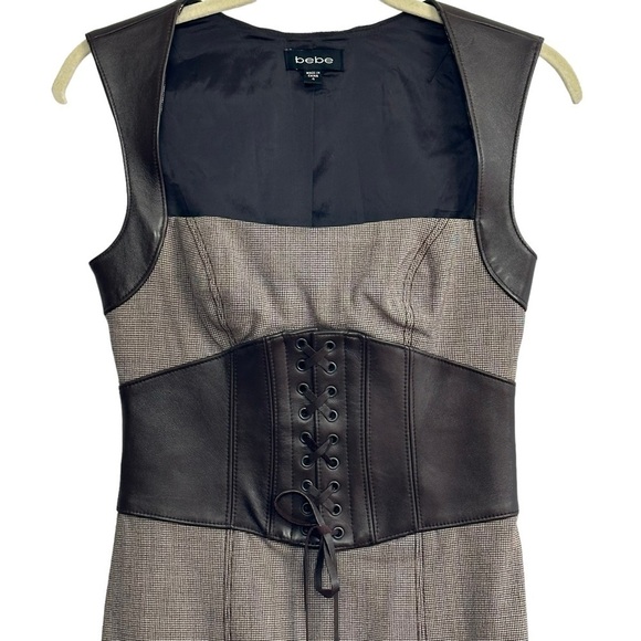 BEBE VINTAGE CORSETED LEATHER TWEED PENCIL DRESS SIZE 4 - Picture 6 of 16